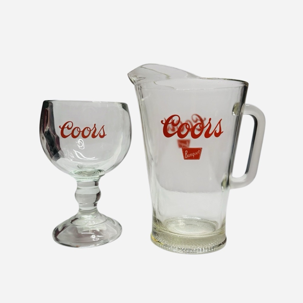 VTG Coors Beer Goblet & Pitcher 1970's Large Heavy Glass